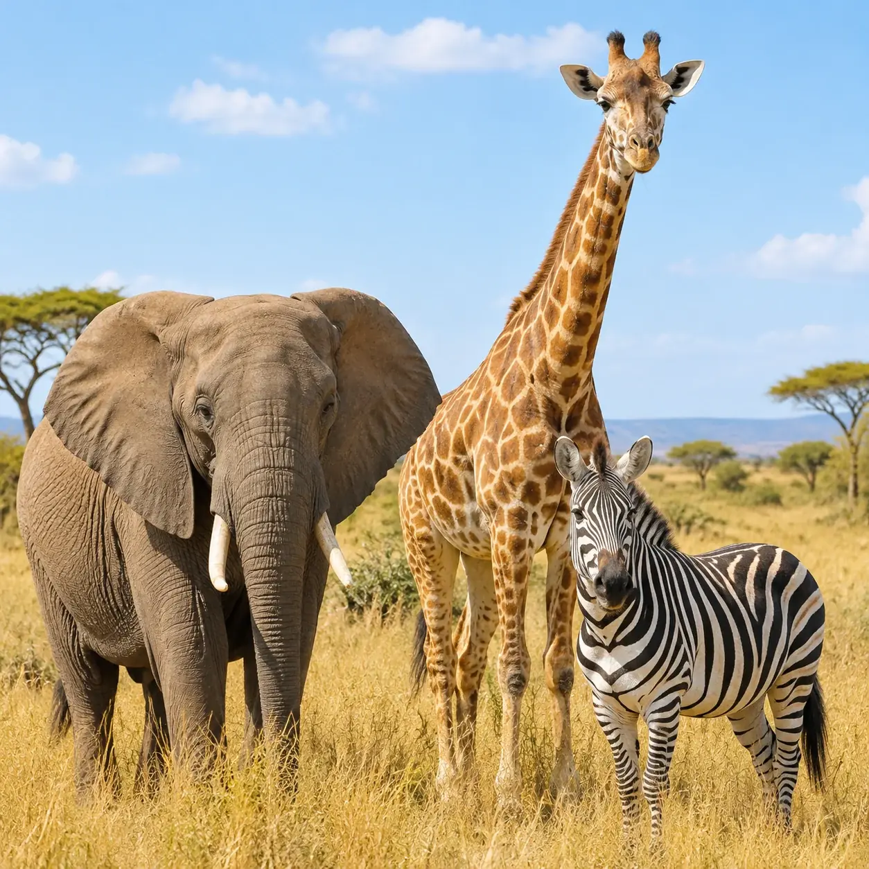 Elephant, giraffe and zebra together