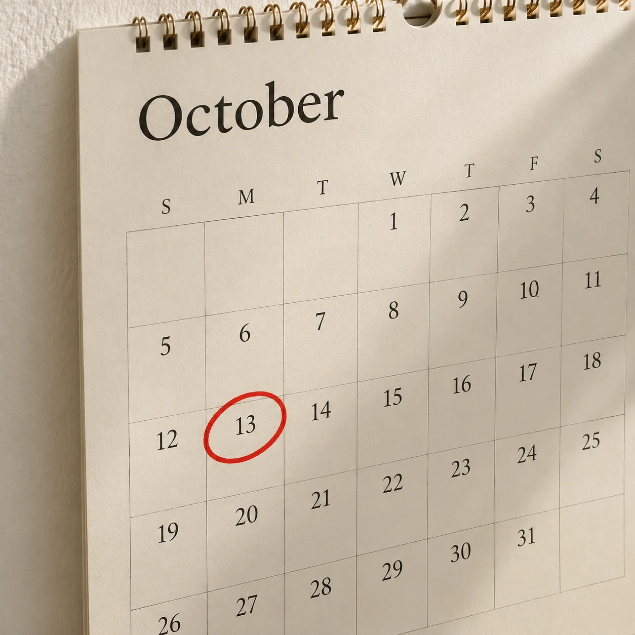 October calendar with the 13th circled