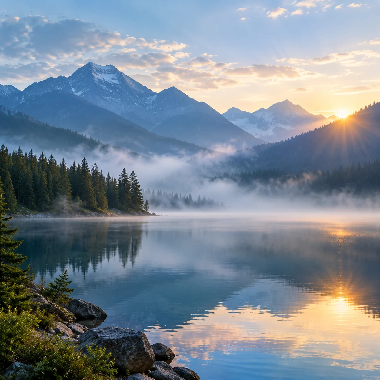 Mountain lake at sunrise