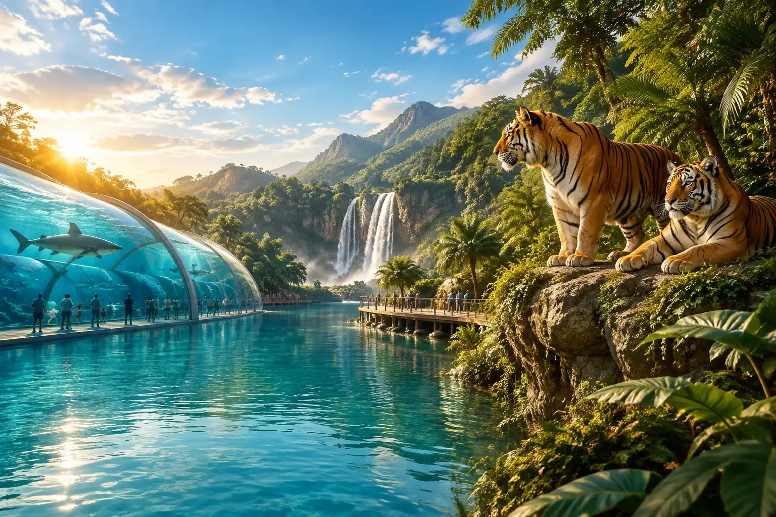 Original illustration of an aquarium tunnel, lake and tigers; not a gameplay screenshot